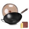 WANGYUANJI 12.59" Carbon Steel Wok Pan, Woks and Stir Fry Pans with Glass Lid,Chinese Wok Flat bottom Iron wok for Induction, Electric, Gas