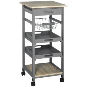 HOMCOM Rolling Kitchen Cart with Pull-Out Tray, Slide-Out Basket, and Rolling Island, Gray