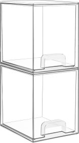 7.6" H Clear Stackable Storage Drawers, 2 Pack Plastic Organizers Bins for Skincare, Cosmetics,Beauty Supplies,Ideal for Vanity, Bathroom