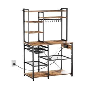 Kitchen Bakers Rack, 5 ft Power Cable Bakers Rack with Power Outlet, Kitchen Stand with X-Shaped Support Bar, 10 S-Shaped Hooks