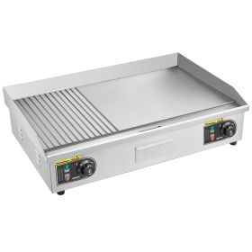 Commercial Electric Griddle, 28.54 x 15.75 in, 2800W, 122-570°F Adjustable Temp Control, Stainless Steel, Half Grooved Half Flat, with 2 Spatulas