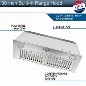 30 inch Insert Range Hood 600 CFM;  Built-in Stainless Steel Range Hoods with Right Button Controls and Back LED Lights; Kitchen Hood for Over Stove;