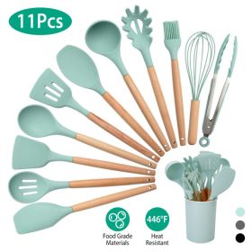 11Pcs Silicone Cooking Utensil Set Heat Resist Wooden Handle Silicone Spatula Ladle Spaghetti Server Tongs Spoon Egg whisk Kitchenware Set w/ Holder