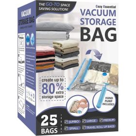 25 Pack Space Saver Bags (5 Jumbo/5 Large/5 Medium/5 Small/5 Roll) Compression Storage Bags for Comforters and Blankets
