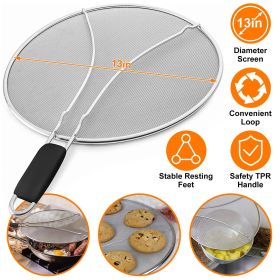 Grease Splatter Screen 13in Stainless Steel Fine Mesh Splash Mesh Shield Hot Oil Stopper w/ Resting Feet For Frying Pan Cooking Woks Skillets Pots Pan