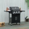 Outsunny Outdoor 3 Burner Gas Grill Portable BBQ Trolley with Wheels Warming Rack Shelves Cabinet Thermometer Black