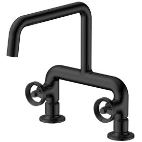 2-Handle 2 Holes Deck Mount Modern Kitchen Faucet With 360 ° Swivel Spout In Matte Black (Color: Matte Black)