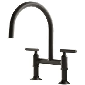 Modern Double Handle 2 Holes Deck Mount Bridge Kitchen Faucet With 360 Swivel Spout Sink Faucet In Matte Black (Color: Matte Black)