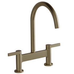 Modern Double Handle 2 Holes Deck Mount Bridge Kitchen Faucet With 360 Swivel Spout Sink Faucet In Brushed Nickel (Color: Brushed Gold)